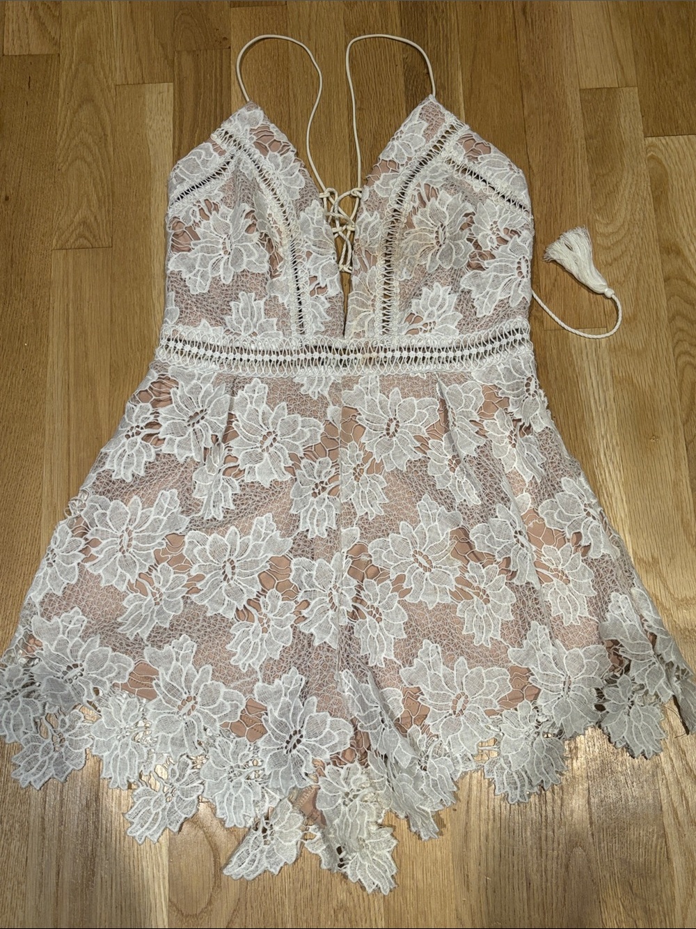 L'ATISTE White Floral Lace Romper with Blush Lining